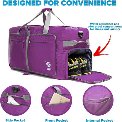Bago Big XXL Foldable Duffel Bags for Traveling Women & Men - 140L Packable Duffle Bag for Travel with Shoe Compartment - Water Repellant, Heavy Duty, Lightweight Folding & Collapsible (Purple)