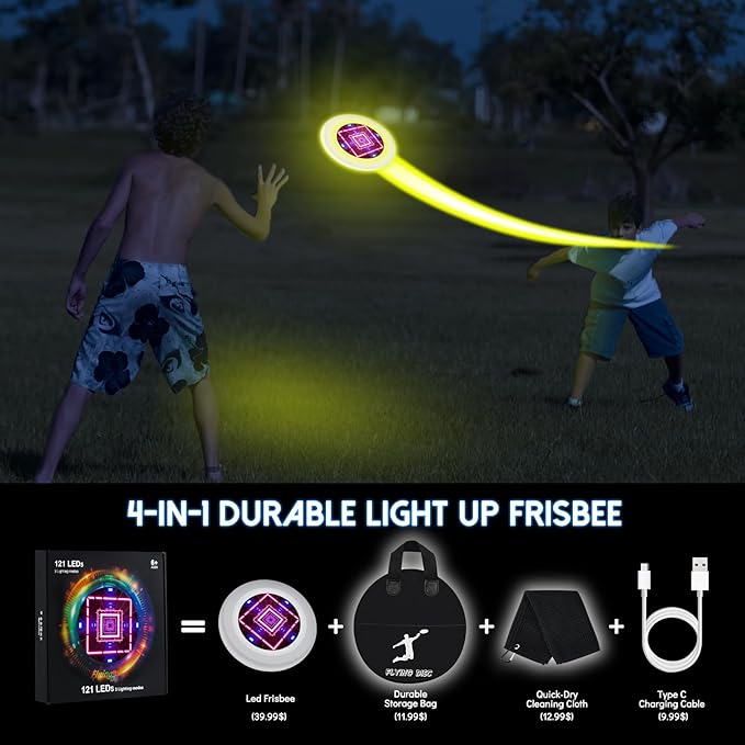 49LEDs Flying Disc with 16 Million Color RGB, 3 Modes+Rechargeable+Waterproof+175g, Cool Sports and Outdoors for Parks/Camping/Beach/Backyards,Easter & Birthday Gifts for Teens/Kids/Adults