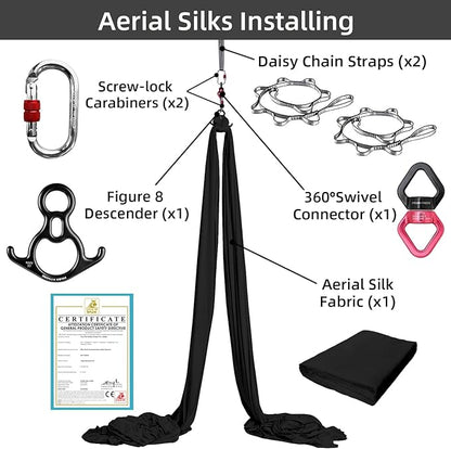 PRIOR FITNESS Aerial Silks Set, Professional Thicker Low Stretch Fabric 9/15/20 Yards Aerial Silk Swing Set with Hardware Guide, Yoga Starter Kit For Home, Aerial Yoga Hammock, Silks for Gymnastics, Antigravity Yoga, Inversion Exercise-All Levels