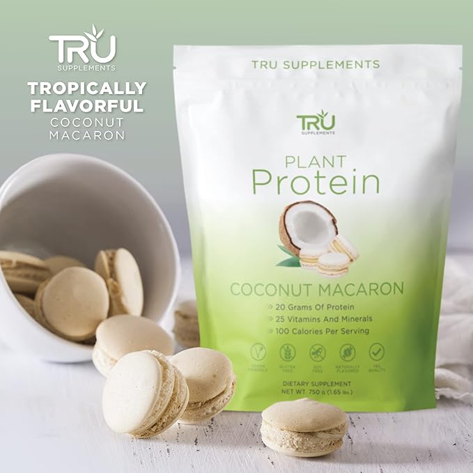 TRU Supplements Plant Based Protein Powder, BCAA, EAA, 20g Vegan Brown Rice & Pea Protein, 100 Calories, 27 Vitamins, No Artificial Flavors 25 Servings (Coconut Macaron)