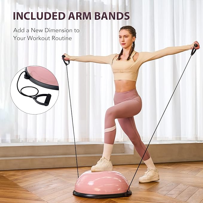 ZELUS Balance Ball Trainer with Resistance Bands and Foot Pump, Inflatable Yoga Ball for Home Gym Workouts, 23 Inch Exercise Half Ball for Balance Training Core Strength Fitness More, 330lb Cap