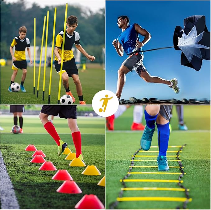 Speed & Agility Training Equipment-20ft Agility Ladder, 6 Poles, 12 Soccer Cones, Resistance Parachute, Jump Rope, Soccer Football Basketball Sport Training Set for Kids Youth Adults