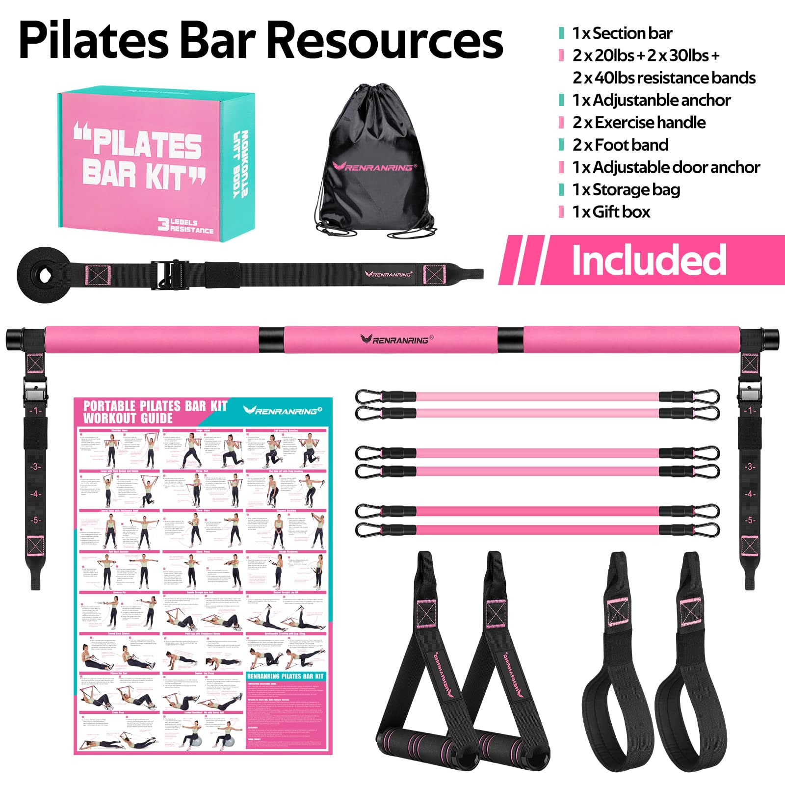 Pilates Bar Kit with 6 Latex Resistance Bands, Adjustable Exercise Bar