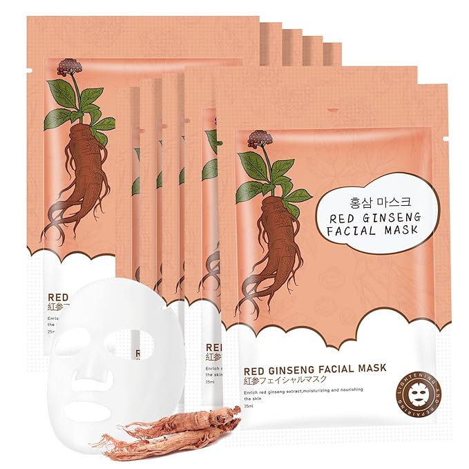10Pack Sheet Face Masks Skincare for All Skin Types, Moisturizing Hydrating Facial Masks Suitable for Sensitive Skin, Red Ginseng Face Masks for Wrinkles, Fine-Lines, Firmness and Elasticity