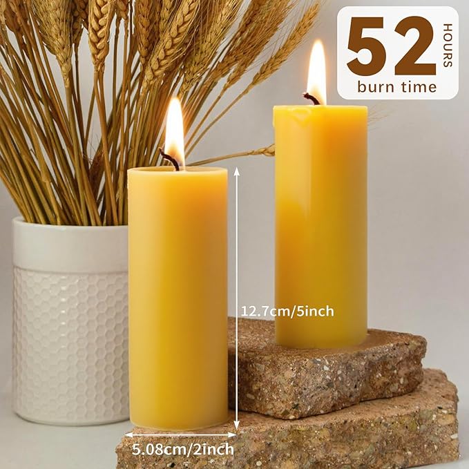 2x5 Inch Beeswax Candles, Natural Beeswax Pillar Candle with 52 Hours Burn Time, Organic Emergency Candle Long Burning for Home Decor, Gift Sending, Smokeless & Dripless