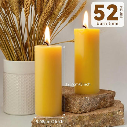 2x5 Inch Beeswax Candles, Natural Beeswax Pillar Candle with 52 Hours Burn Time, Organic Emergency Candle Long Burning for Home Decor, Gift Sending, Smokeless & Dripless