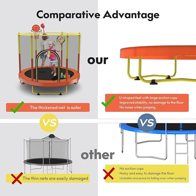 72" Trampoline for Kids with Net,6 FT Indoor & Outdoor Small Toddler Trampoline with Basketball Hoop & Dart Board for Ages 1-8, Birthday Gifts for Boys & Girls, Baby Toddler Christmas Toys