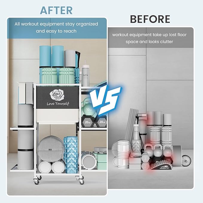 Yoga Mat Storage Rack，Home Gym Storage Rack Gym Workout Equipment Storage Organizer Fitness Weight Rack on Wheels for Yoga Mat,Yoga Block,Foam Roller,Resistance Band,Dumbbell,Kettlebell and Other Workout Accessories
