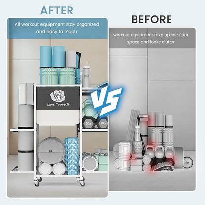 Yoga Mat Storage Rack，Home Gym Storage Rack Gym Workout Equipment Storage Organizer Fitness Weight Rack on Wheels for Yoga Mat,Yoga Block,Foam Roller,Resistance Band,Dumbbell,Kettlebell and Other Workout Accessories
