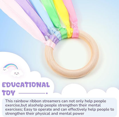 Deekin 12 Pcs Rainbow Ribbon Wooden Waldorf Toys Creative Waldorf Hand Kite Set Streamers with Wood Ring Sensory Learning Educational Toy for Playroom Dancing Birthday(Cute Color)
