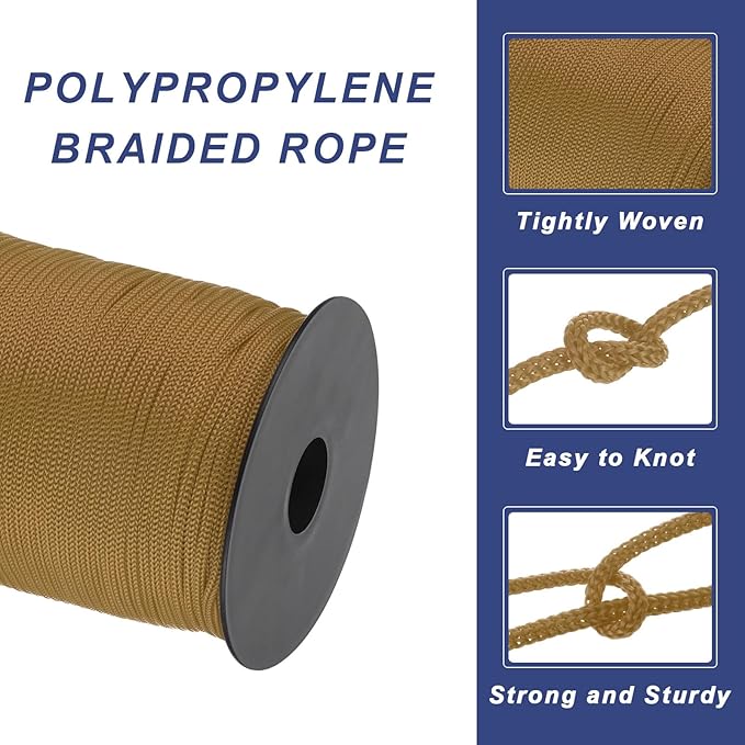 MECCANIXITY 1/8 Inch Polypropylene Rope Braided Ropes, 328ft Nylon Rope Hollow Utility Cord for Clothesline, Camping, Hiking, Outdoor, Brown