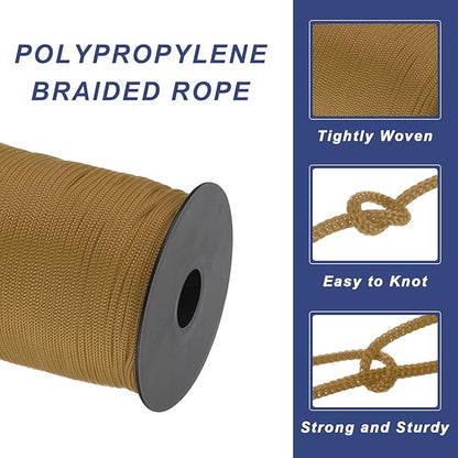 MECCANIXITY 1/8 Inch Polypropylene Rope Braided Ropes, 328ft Nylon Rope Hollow Utility Cord for Clothesline, Camping, Hiking, Outdoor, Brown
