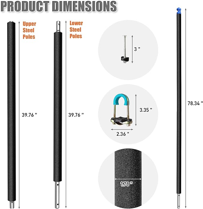 6PCS Universal Trampoline Poles Replacement Enclosure Poles Fit 8-16FT Straight Pole Trampoline Frame, Heavy Duty Trampoline Accessories Kits Include Foam Sleeve & Hardware for 2 Install Ways