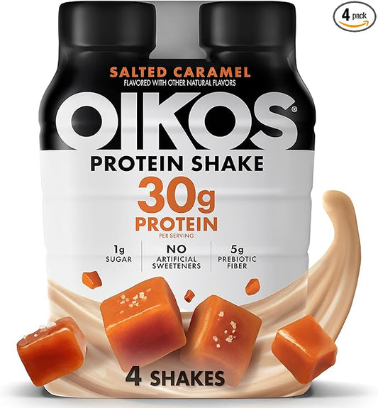 Oikos Protein Shake, Salted Caramel, 30g High Protein Drinks, Shelf Stable, Ready to Drink, 5g