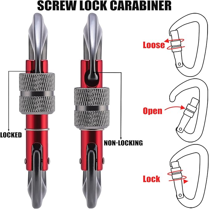 12kN Locking Carabiner Clips, Small Aluminium Carabiners Keychain, Heavy Duty Caribeaners for Camping, Hiking, Hammocks, Swings, Dog Leash, 2 Pcs