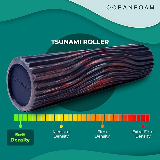 Oceanfoam Tsunami Roller (Dark Navy, Red & Natural Marbled) - Soft, Textured Foam Roller for Physical Therapy, Back Pain, Yoga, Exercise & Stretching - Wave Textured - Extra-Large 26" x 5.9"