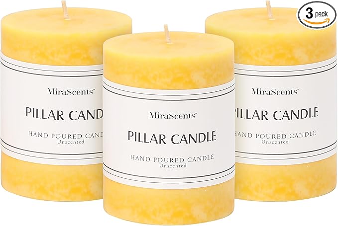 3x4 inch Yellow Pillar Candles Set of 3, Unscented Pillar Candle, Dripless and Smokeless Large Candles, Candle for Home Decor, Dinner Table,Weddings, Holidays