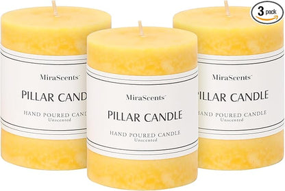 3x4 inch Yellow Pillar Candles Set of 3, Unscented Pillar Candle, Dripless and Smokeless Large Candles, Candle for Home Decor, Dinner Table,Weddings, Holidays