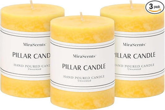 3x4 inch Yellow Pillar Candles Set of 3, Unscented Pillar Candle, Dripless and Smokeless Large Candles, Candle for Home Decor, Dinner Table,Weddings, Holidays