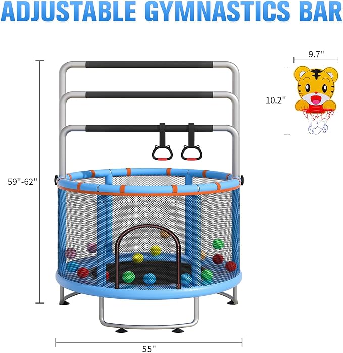55" Small Trampoline for Kids, Telawah Indoor Outdoor with with Enclosure Net, Safety Enclosure, Round Jumping Mat with Basketball Hoops, Birthday Gifts for Children