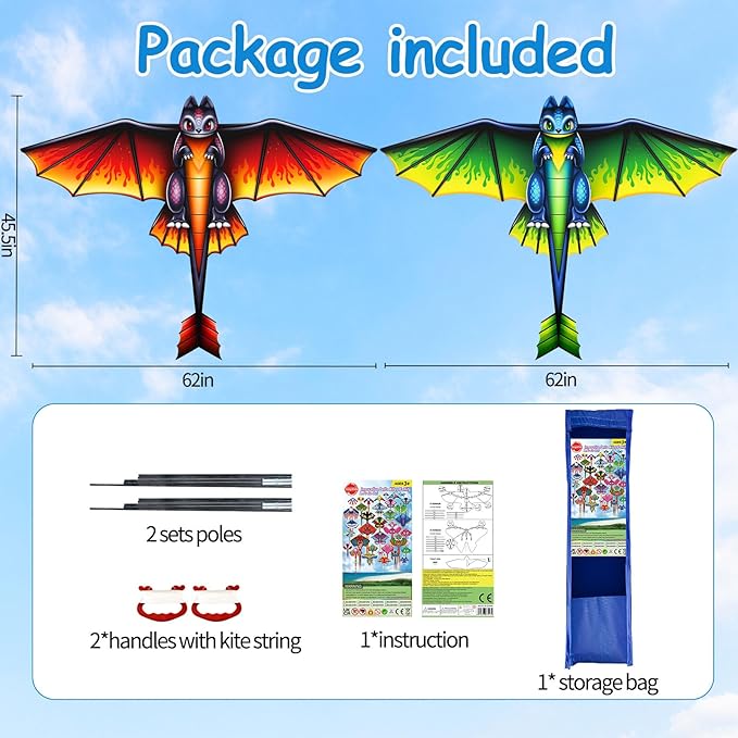 2 Pack Patriotic Eagle & Dragon Kite for Kids and Adults, Easy to Fly Huge Kites for Kids Ages 4-8 8-12 with 328FT String for Beach Trip Park Birthday Gift Family Outdoor Games and Activities