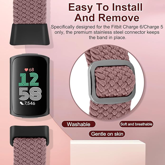 Braided Band Compatible with Fitbit Charge 6/Fitbit Charge 5, Soft Nylon Solo Loop Adjustable Replacement Wristband for Women Men