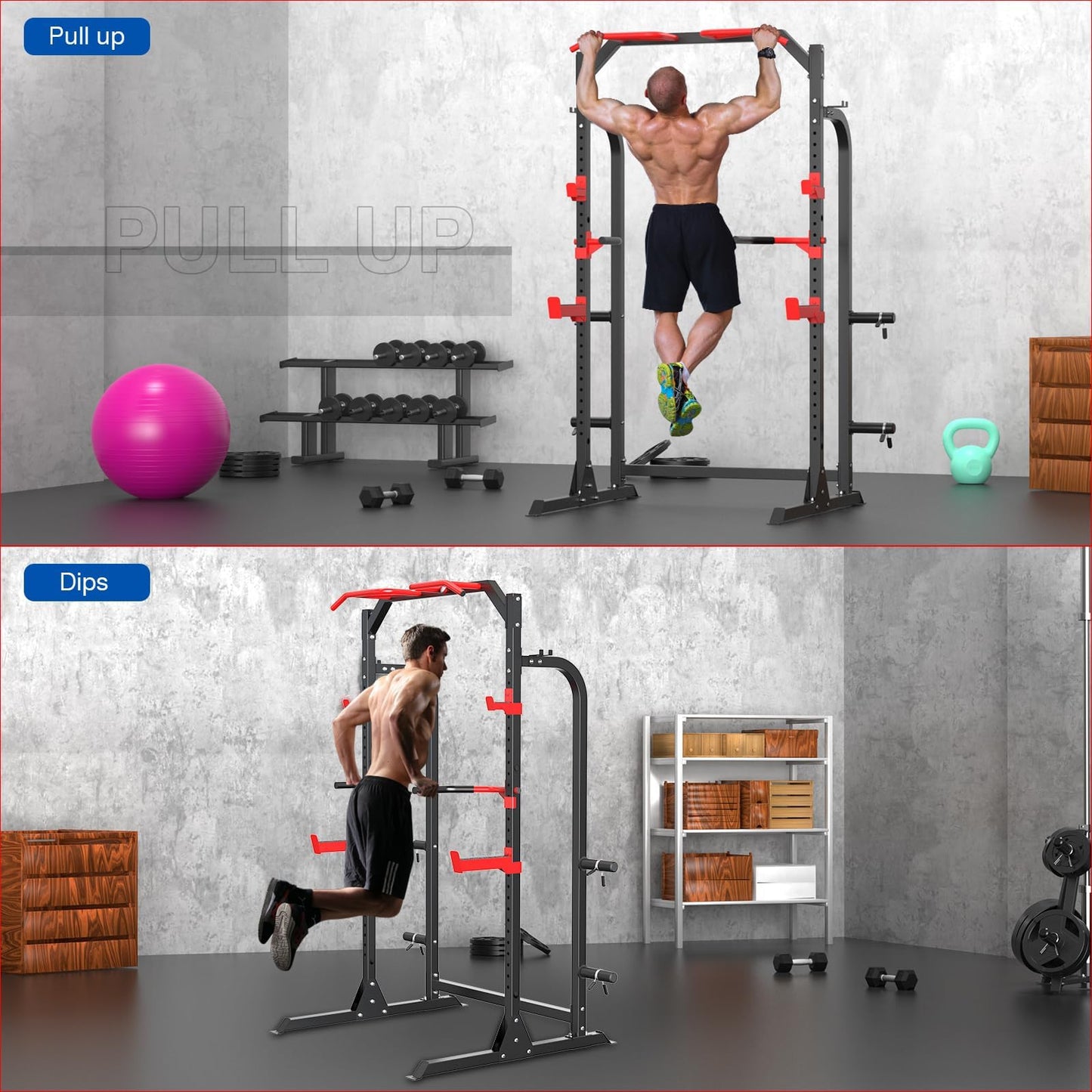 SunHome Power Cage Squat Rack, Multi-Functional Power Rack with J-Hooks, Dip Handles, Weight Plate