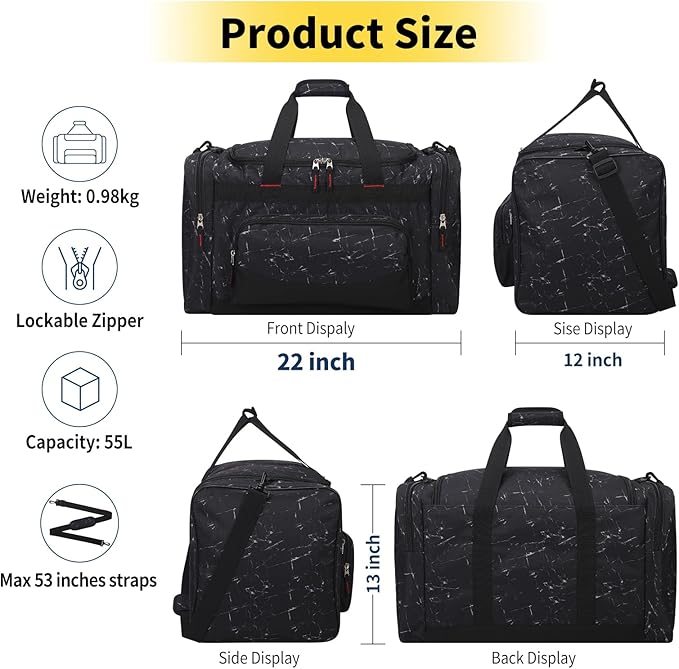 22 inch Gym Bag for Men - 55L Large Travel Duffle Bag Sports Equipment Bag with Multiple Zippered Pockets,Outdoor Workout Duffle Bag for Overnight Weekend - Marble Black