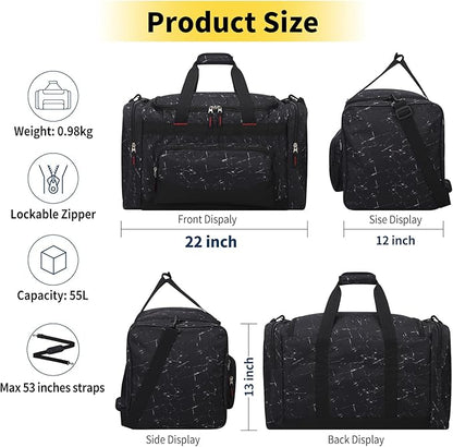 22 inch Gym Bag for Men - 55L Large Travel Duffle Bag Sports Equipment Bag with Multiple Zippered Pockets,Outdoor Workout Duffle Bag for Overnight Weekend - Marble Black