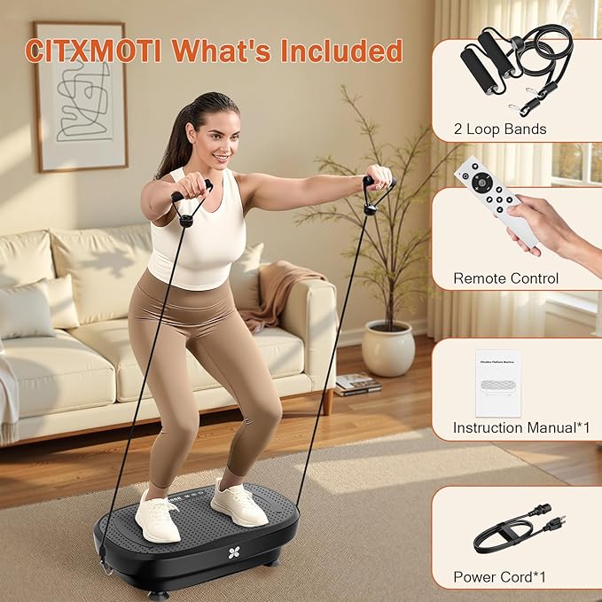 Vibration Plate Exercise Machine, Vibration Plate Platform with Bluetooth & Resistance Bands, Curved Design Full Body Workout Vibration Plate for Weight Loss, Muscle Recovery, Home