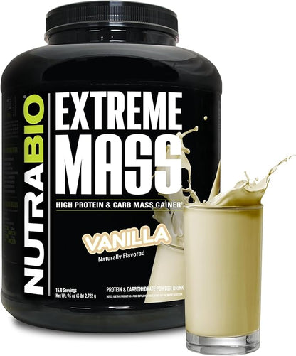 NutraBio Extreme Mass Gainer Protein Powder, 53G Protein, Clean Weight Gainer, Increase Muscle Mass, Full Spectrum Amino Acid - Vanilla, 6 Pound