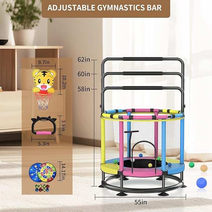 Trampoline for Kids, Full Anti-Rust 440lbs Anti-Rollover Round Bottom Toddler Trampoline, T-handrail Adjustable Baby Toddler Trampolines Dart Board