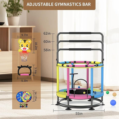 Trampoline for Kids, Full Anti-Rust 440lbs Anti-Rollover Round Bottom Toddler Trampoline, T-handrail Adjustable Baby Toddler Trampolines Dart Board