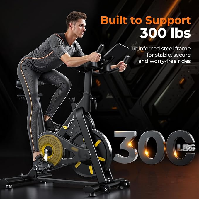 OWLSKY Exercise Bike with APP, Magnetic Resistance Indoor Cycling Bike, 300 lbs Capacity Quiet Stationary Bike for Home Gym Cardio Workout, Adjustable Seat & Tablet Holder