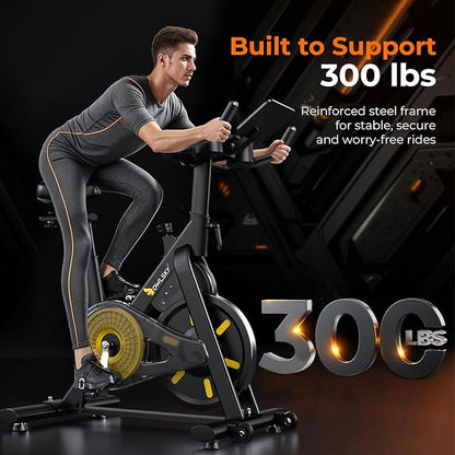 OWLSKY Exercise Bike with APP, Magnetic Resistance Indoor Cycling Bike, 300 lbs Capacity Quiet Stationary Bike for Home Gym Cardio Workout, Adjustable Seat & Tablet Holder