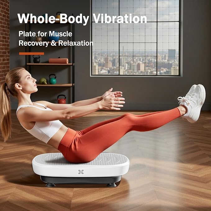 Vibration Plate Exercise Machine, Vibration Plate Platform with Bluetooth & Resistance Bands, Curved Design Full Body Workout Vibration Plate for Weight Loss, Muscle Recovery, Home