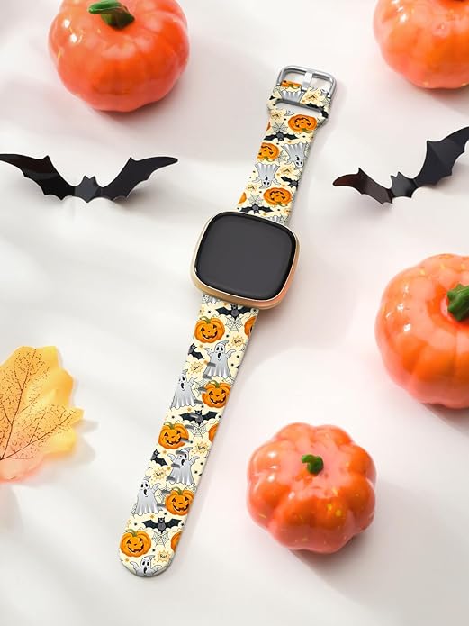 Watbro Halloween Holiday Band Compatible with Fitbit Versa 3 / Sense/Fitbit Versa 4 / Sense 2 Bands for Women Men,Soft Silicone Cute Sport Pumpkin Strap