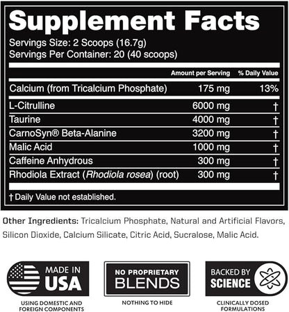 Outwork Nutrition Pre Workout Powder for Men & Women - Pre-Workout Supplements Without Creatine, Nootropic Preworkout with Citrulline Malate Beta Alanine Taurine Rhodiola Caffeine (Tropical Candy)