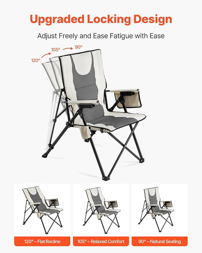 VEVOR Folding Camping Chair, 3 Reclining Positions, Outdoor High Back Camping Chair, 260lbs Weight Capacity, Full Padded Beach Chairs with Armrest & Headrest, Portable Lawn Chairs for Sports Travel