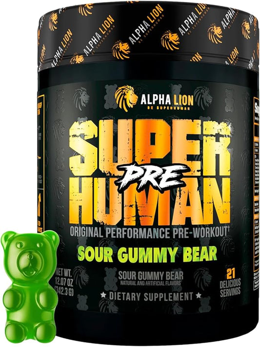 ALPHA LION Superhuman Pre Workout Powder, Beta Alanine, L-Taurine & Tri-Source Caffeine for Sustained Energy & Focus, Nitric Oxide & Citrulline for Pump (21 Servings, Sour Gummy Bear Flavor)