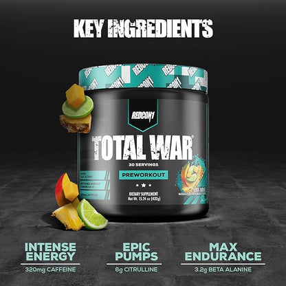 REDCON1 Total War Pre Workout, Baja Bomb - Beta Alanine + Citrulline Malate Keto Friendly Preworkout for Men & Women with 320mg of Caffeine - Fast Acting (30 Servings)