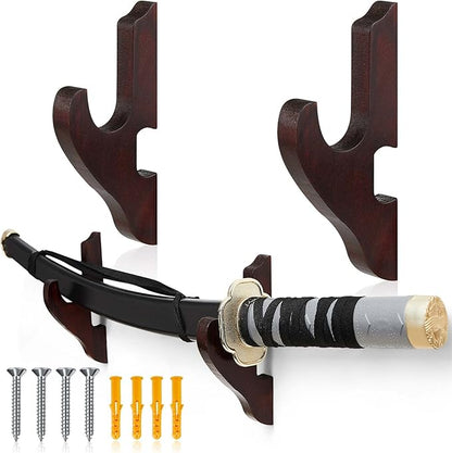 Chunful 2 Pcs Sword Wall Mount Sword Holder Katana Stand 1 Tier Hanger Adjustable Wooden Mounts for Samurai(5.91 x 2.76 x 1.38 Inches,Reddish Brown)