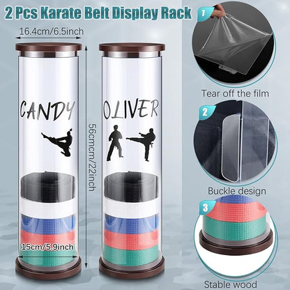 Tatuo 20 Belts Acrylic Karate Belt Display Rack with 6 Sheets Stickers Martial Arts Belt Display Holder Taekwondo Belt Display for Adults Karate Belt Holder Gifts Cylinder Belt Display