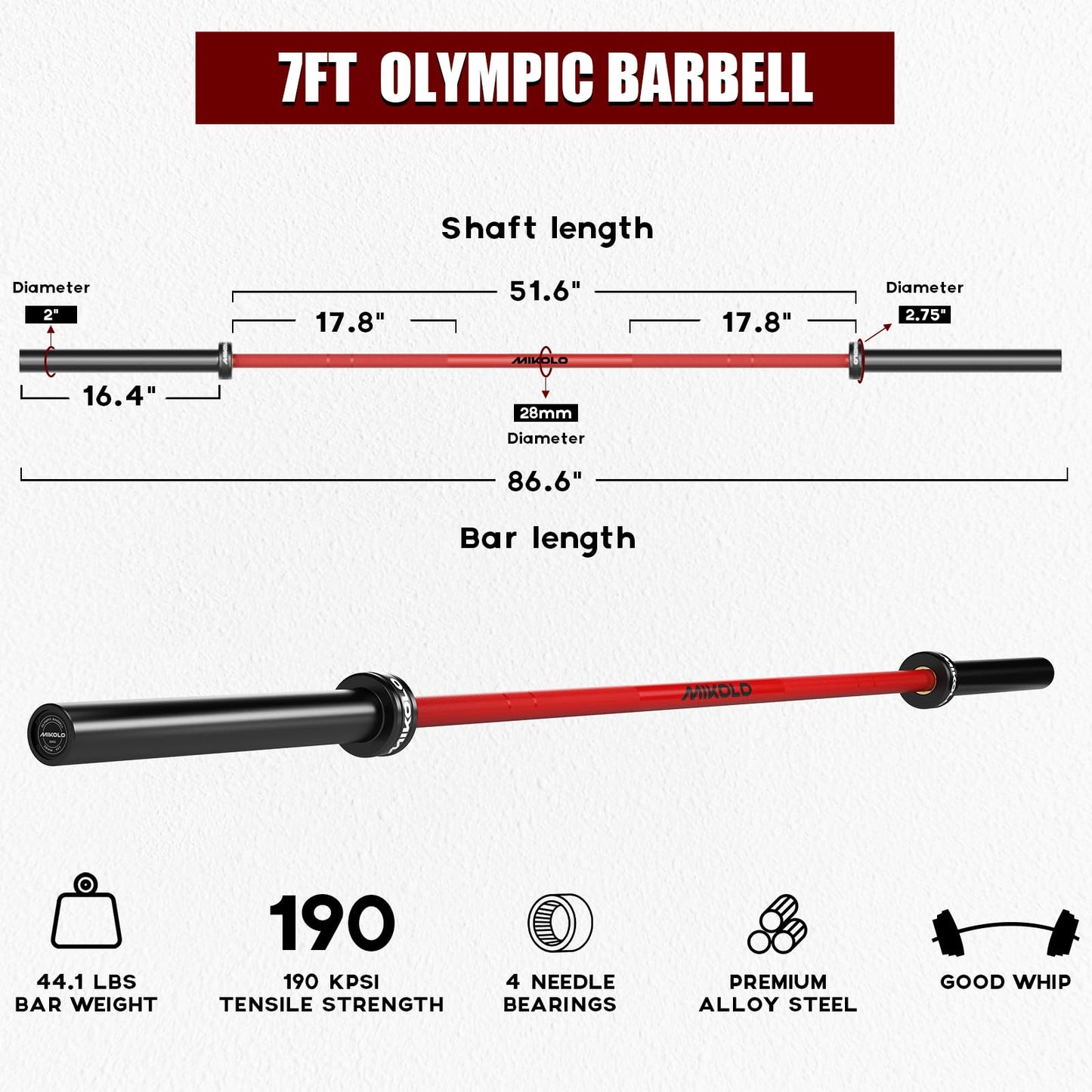 Mikolo 7ft Olympic Barbell, Barbell for Weightlifting and Powerlifting 45lb, Olympic Bar for