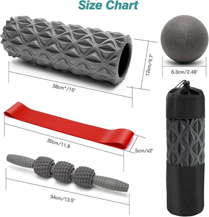 5 in 1 Foam Roller Set - Trigger Point Foam Back Roller, Muscle Roller Stick, Massage Ball, Stretching Band for Deep Muscle Massage Pilates Yoga,Fitness Exercise for Whole Body Release