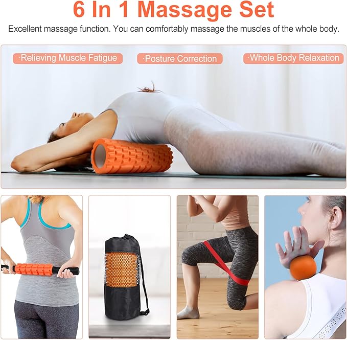 5 in 1 Foam Roller Set Includes Hollow Core Massage Roller, Yoga Stick, Massage Ball, Fitness Stretching Strap, Carrying Bag, Towel, Massage Roller (Orange)