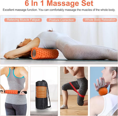 5 in 1 Foam Roller Set Includes Hollow Core Massage Roller, Yoga Stick, Massage Ball, Fitness Stretching Strap, Carrying Bag, Towel, Massage Roller (Orange)