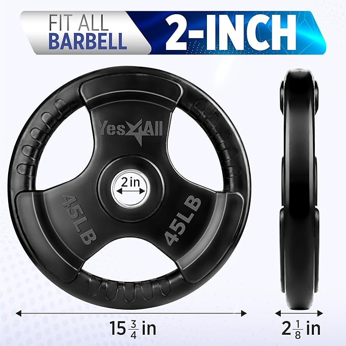 Yes4All Rubber Grip Plates for Barbell, 2-Inch Weight Plates for Weightlifting and Strength Training in Home Gym (Single, Pair and Set)