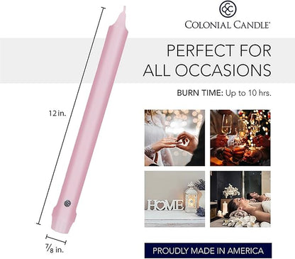 Colonial Candle Unscented Taper Candle, Classic Collection, Persian Pink, 12 in, Pack of 12 - Up to 10 Hours Burn