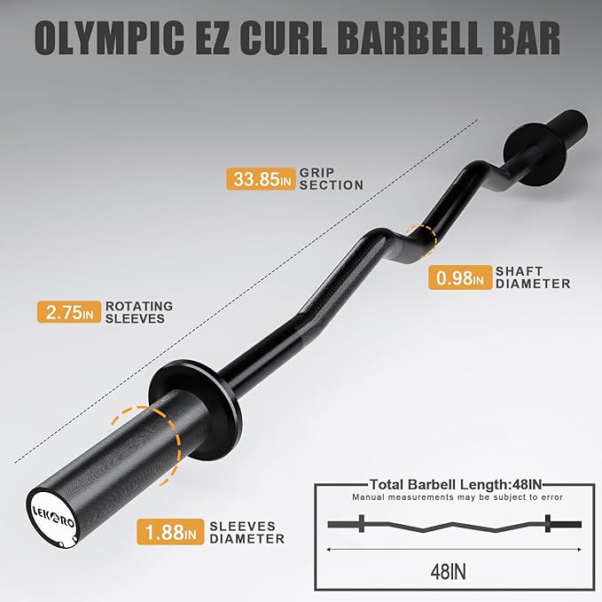 Olympic EZ Curl Barbell Bar, 48-inch Curling Bar, Fits 2-inch Weight Plates, Strength Training Bar for Squats, Hip Thrusts, Bench Press, and Weightlifting, with 2 Spring Collars (350LBS Weight Capacity）